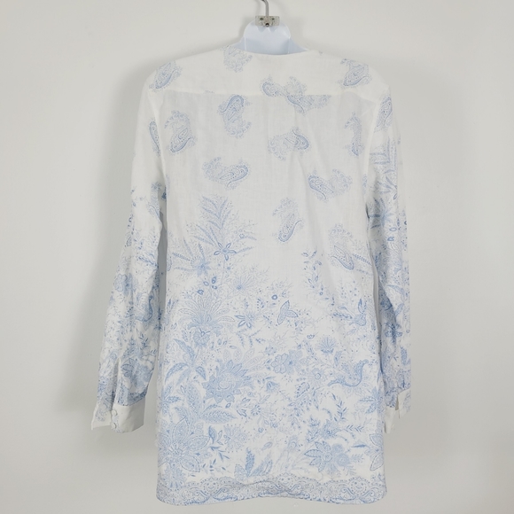 Soft Surroundings White Blue Floral Paisley 100% Linen Pleated Shirt - Picture 2 of 7